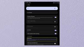 Screenshot on Samsung Galaxy Z Fold3 showing the S Pen shortcuts menu