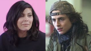 In side-by-side images, Kylie Jenner is shown in front of a pink background during a GQ interview, and Timothee Chalamet is shown in a Netflix press image in a scene from Don't Look Up.