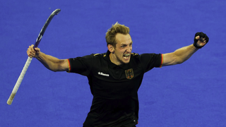 Niklas Wellen of Team Germany celebrates making the Germany vs Netherlands men's hockey final at Olympics 2024