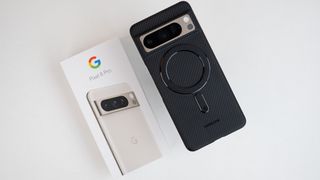 The Google Pixel 8 Pro wearing a Thinborne aramid fiber case and a Spigen Magsafe ring