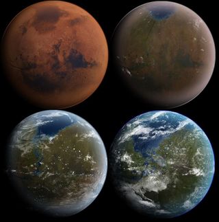 Illustration of the terraforming of Mars, to a world not unlike ours.