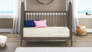 The Saatva Crib Mattress shown in a luxury nursery