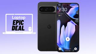 Pixel 9 Pro XL obsidian black colorway against purple gradient background