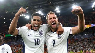 Jude Bellingham and Harry Kane of England celebrate reaching the Euro 2024 final in Berlin on Sunday, July 14, 2024. What time is the Euro 2024 final on TV? 