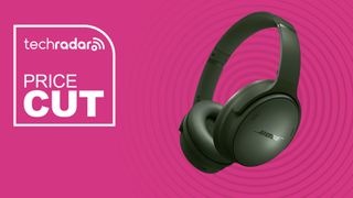 bose quietcomfort headphones in black against a pink background with price cute message and techradar branding