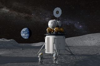 Graphic illustration showing two astronauts on the lunar surface with a lunar lander module in the background and the view of Earth in the background.