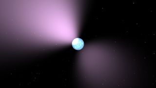 Artist&#039;s concept of a pulsar. There is a small blue sphere in the center with light pulsing out from the NW and SE areas of the pulsar.