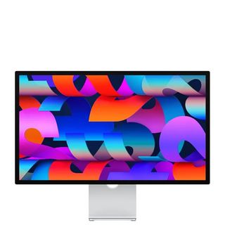 Apple Studio Display showing a pattens of colors against a white background.