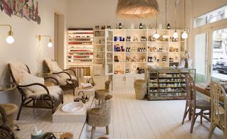 Authentic spa interior with wall shelving