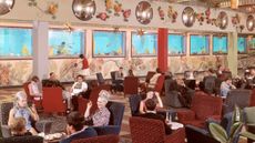 People in lounge with swimming pool wall, at Butlin's, 1960s-70s, photographed by John Hinde