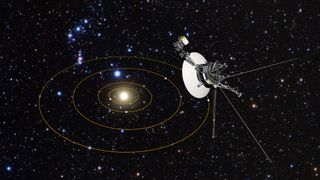 Artist&#039;s illustration of Voyager 1 probe looking back at the solar system from a great distance.