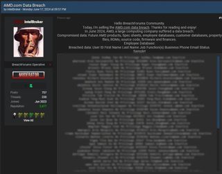 Intelbroker's post on Breach Forums about AMD hack
