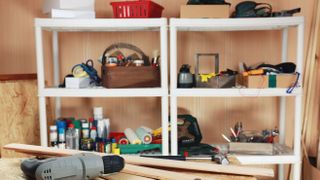 White shelving in a garage