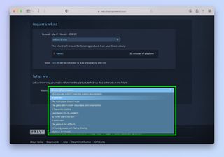 A screenshot showing how to request a refund on Steam