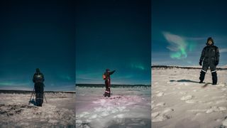 Northern lights hunting Abisko National Park, three panel mosaic image showing a person looking at the northern lights above.