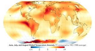 A map with shades of red, yellow and orange depicting global temperature anomalies for meteorological summer in 2023 compared to a baseline average from 1951 to 1980. 