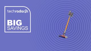 The Dyson V8 Absolute on a purple background with text saying Big Savings.