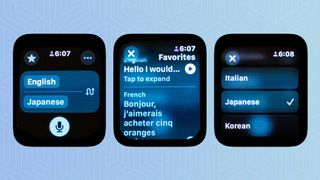 Three screenshots from the Apple Translate app for Apple Watch