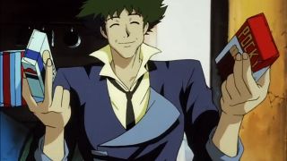 Spike in Cowboy Bebop holding boxes of food