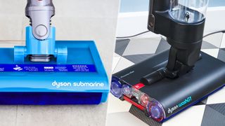 The mopping floorhead of the Dyson V15s Submarine (left) and WashG1 (right)