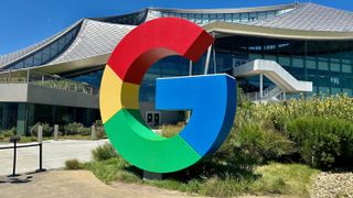 A statue of the multicolored "G" in Google on the Google campus in Mountain View