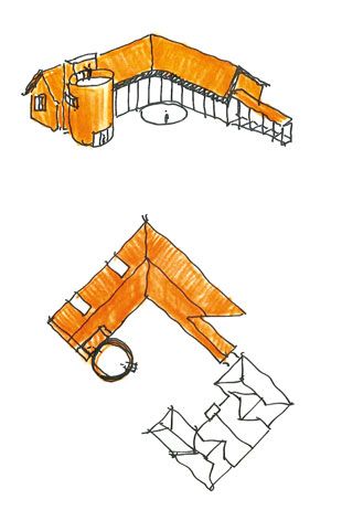 Concept sketches of a project involving the restoration of a gasworks