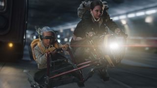 Image from the TV show Star Wars: Skeleton Crew. Two young children riding a hoverbike with a sidecar.