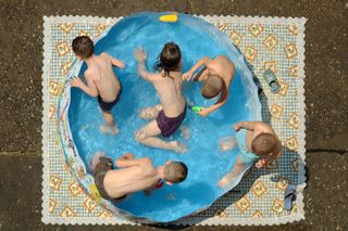 A plastic wading pool makes a perfect laboratory.