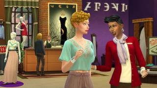 Så fuskar du i Sims 4: Två simmar står inne i en klädbutik och diskuterar något.