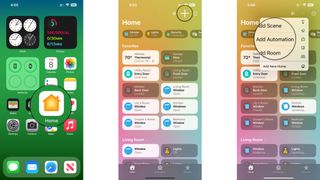 How to create a time automation in the Home app on the iPhone by showing steps: Launch the Home app, Tap the Plus icon, Tap Add Automation.