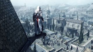 Protagonist Altaïr looking down at the city from a point high above