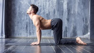 Man performing Cat Cow pose on exercise mat in studio