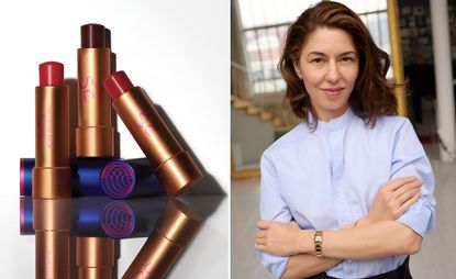 Augustinus Bader x Sofia Coppola lip balms and a portrait of director Sofia Coppola