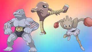 Machoke, Hitmonlee, and Hitmonchan from Pokemon Go, against a multicolored background