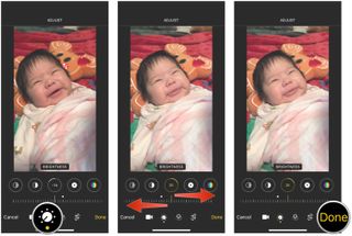 How to adjust brightness while editing video on iPhone and iPad by showing: Tap Adjustments button, scroll to Brightness, adjust slider left and right with finger, tap Done to save