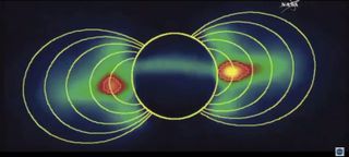 An image captured by the Very Large Telescope shows the radiation "donut" that surrounds Jupiter. The yellow spot on the right is where the radiation is most intense. The Juno probe will fly between the planet and the radiation hot spots.