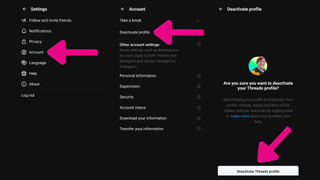 Arrows pointing to options in the Threads settinsg that show you how to navigate to the Deactivate Threads option