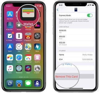 Remove your Student ID from Apple Wallet by showing steps: Launch Wallet, tap student ID, tap ... button, tap Remove Card