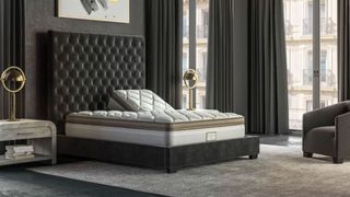 A Saatva Split King Mattress inside a luxe hotel room