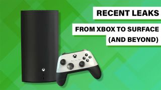 Green background with square designs, images of the leaked Xbox Series X and Xbox Wireless Controller mid-gen refreshes, and text that reads &quot;Recent leaks&quot; and &quot;From Xbox to Surface (and beyond).&quot;