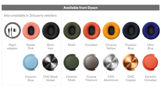 graphic showing the different colourful finishes for ear cushions and outer ear caps for Dyson OnTrac headphones