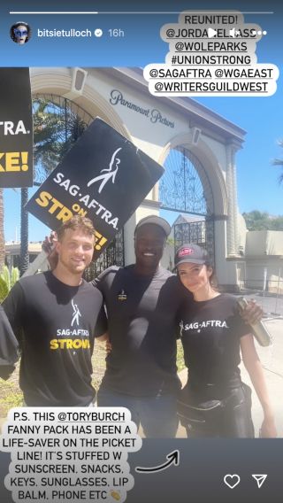 Jordan Elsass, Wole Parks and Elizbeth Tullock at Paramount Pictures actors strike picket line