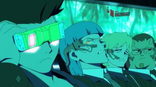 In the back of a car, Kenn as David Martinez and Kaito Ishikawa as Katsuo in Cyberpunk: Edgerunners, one of the best netflix anime