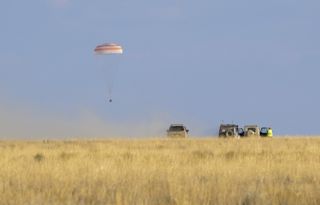 The Soyuz MS-23 spacecraft is seen as it lands in a remote area near the town of Zhezkazgan, Kazakhstan with Expedition 69 NASA astronaut Frank Rubio, Roscosmos cosmonauts Dmitri Petelin and Sergey Prokopyev, Wednesday, Sept. 27, 2023.