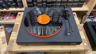 JBL Spinner BT turntable from top on wooden hi-fi rack