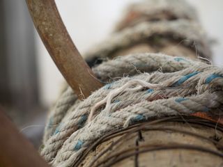 Detail of rope, wood and metal sculpture