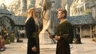 Sauron (Charlie Vickers) and Celebrimbor (Charles Edwards) standing side-on in Eregion, facing one another as seen in "The Rings of Power" season 2