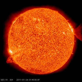 Photo of the sun as it unleashes two powerful double blasts on Jan. 28, 2011.