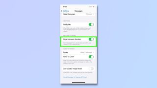 screenshot showing how to stop spam messages on iPhone - filter unknown senders