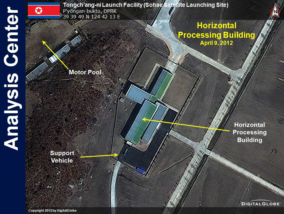 This DigitalGlobe satellite image of the Tongchang-ri Launch Facility in North Korea shows the site&#039;s horizontal processing building. The image was taken on April 9, 2012.